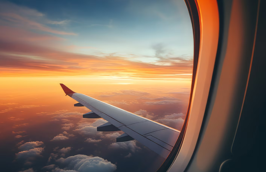 Airplane wing view at sunset